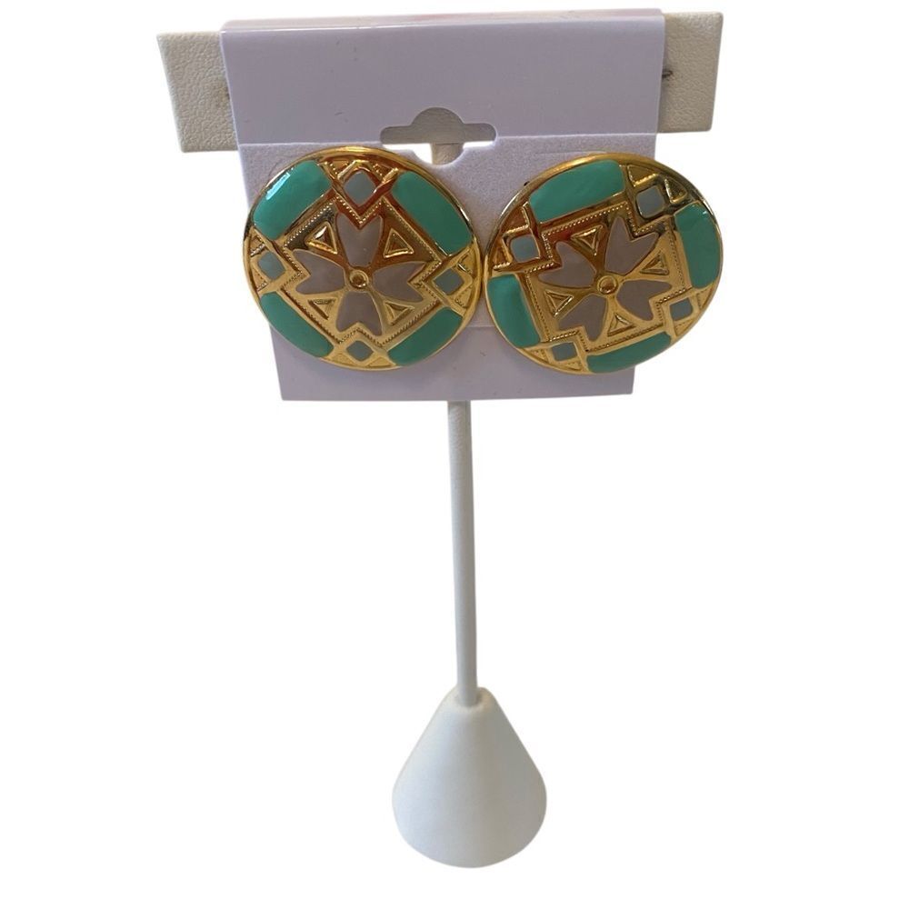 Elegant Vintage Green and Gold Circular Earrings w/ Geometric Design.